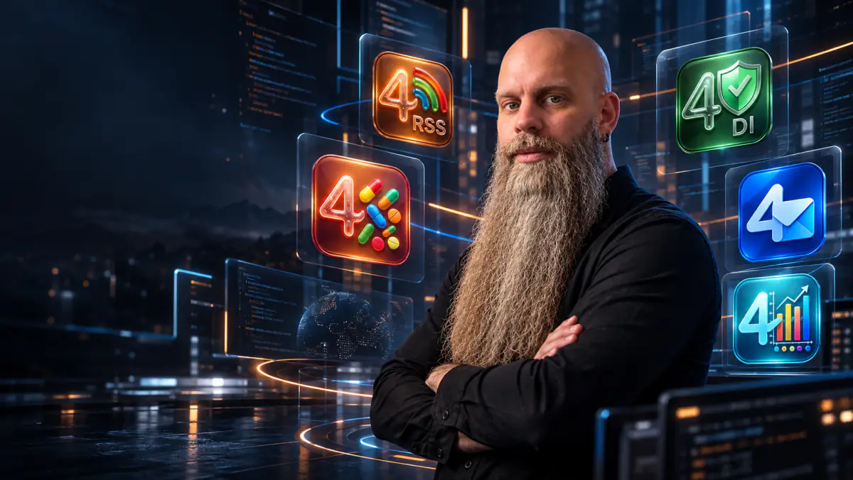 Robert Poetzsch with a long beard and arms crossed, framed by floating glass panels with his app icons and code screens