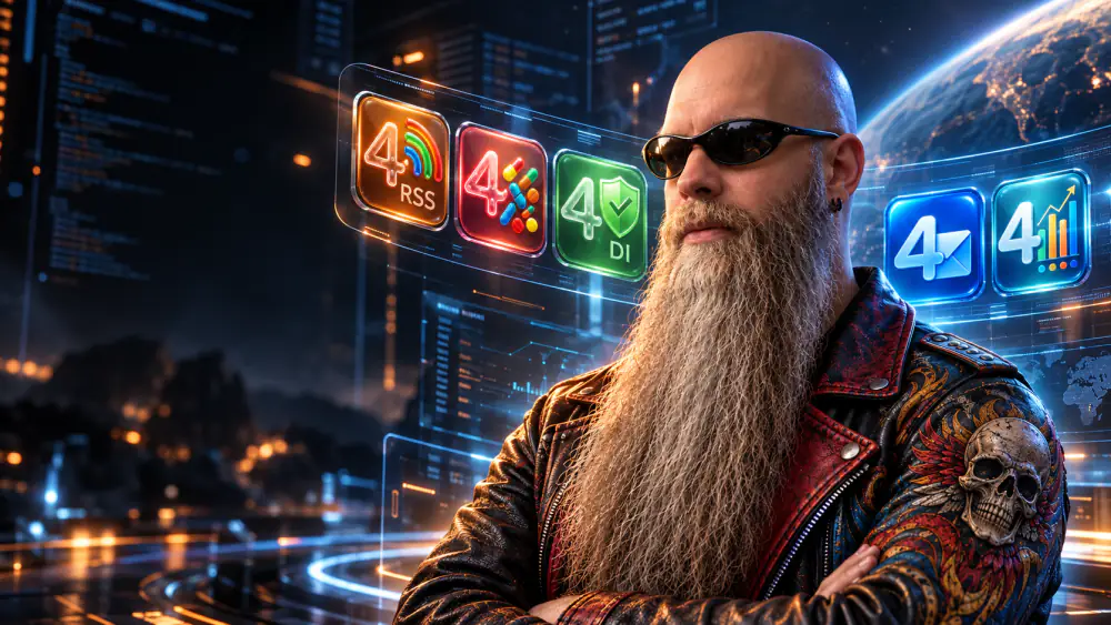 Robert Poetzsch in sunglasses and a painted leather biker jacket, in front of glowing app icons and the Earth at night