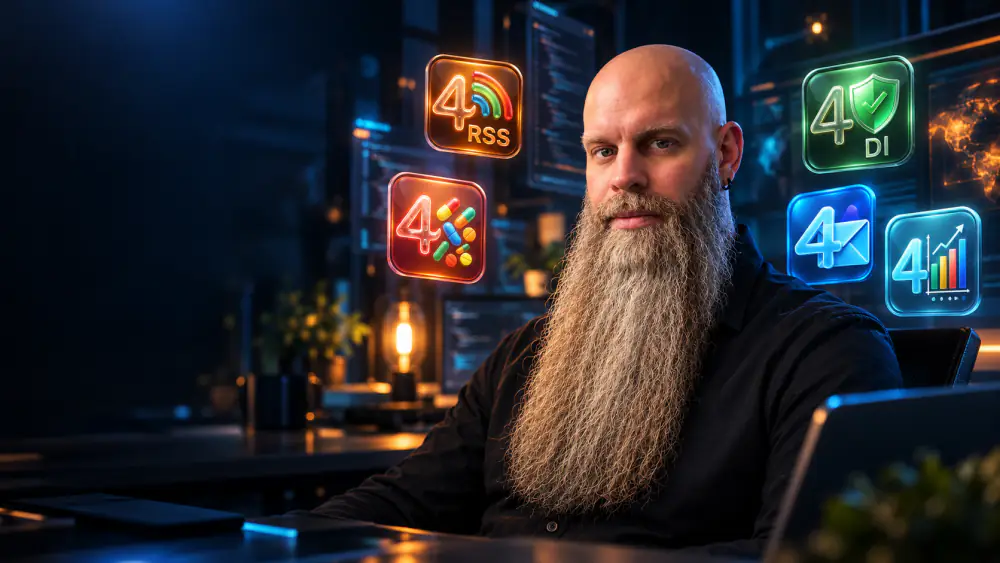 Robert Poetzsch seated at his desk in warm lamp light, his app icons floating beside him