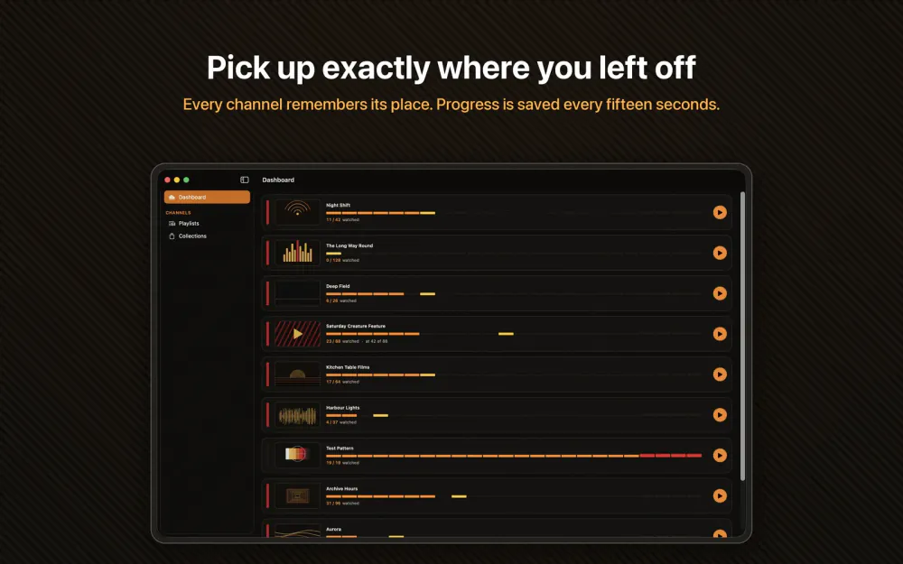 PlaylistTV dashboard on macOS, showing started channels with progress